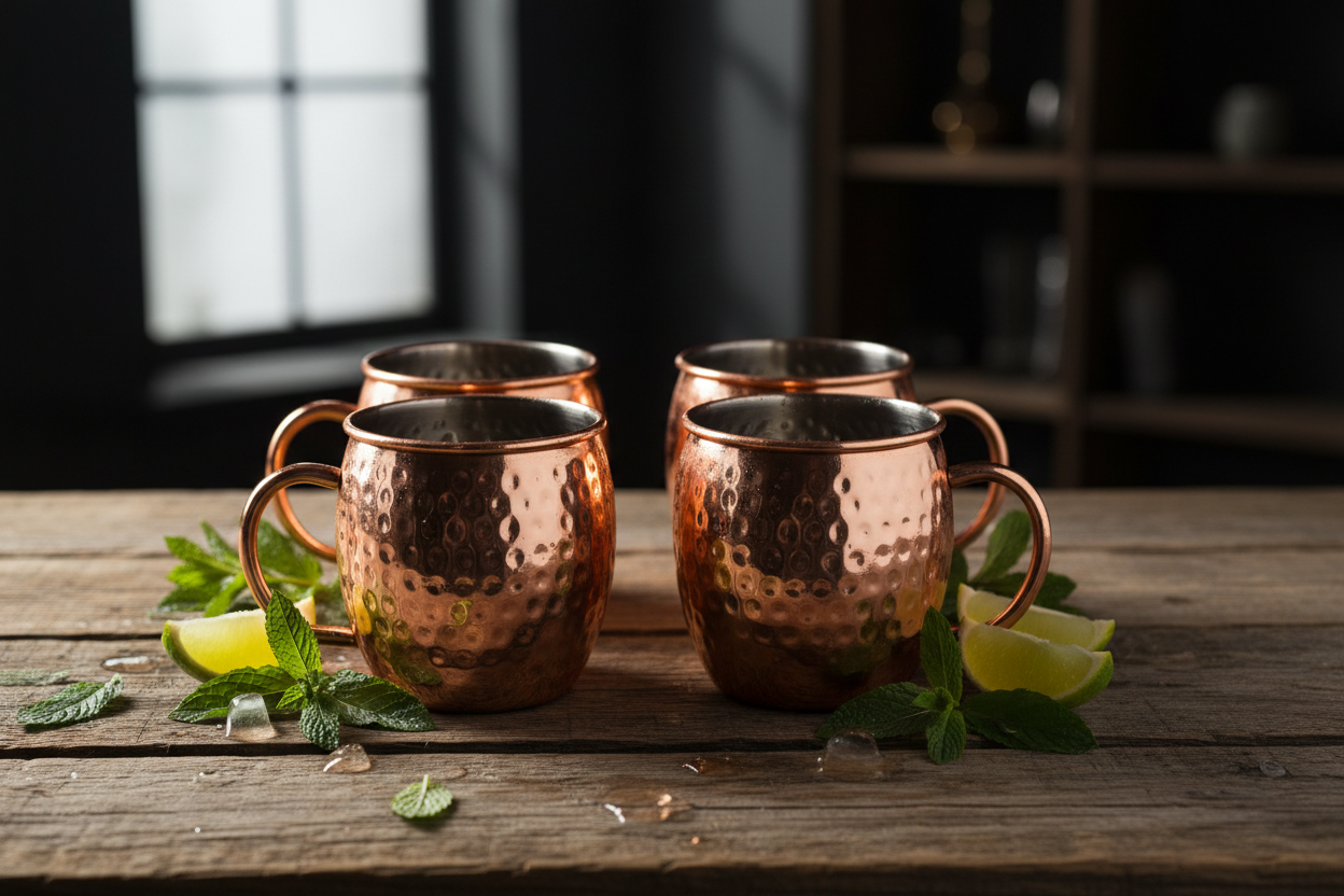 Copper Moscow Mule Mug Set on rustic bar