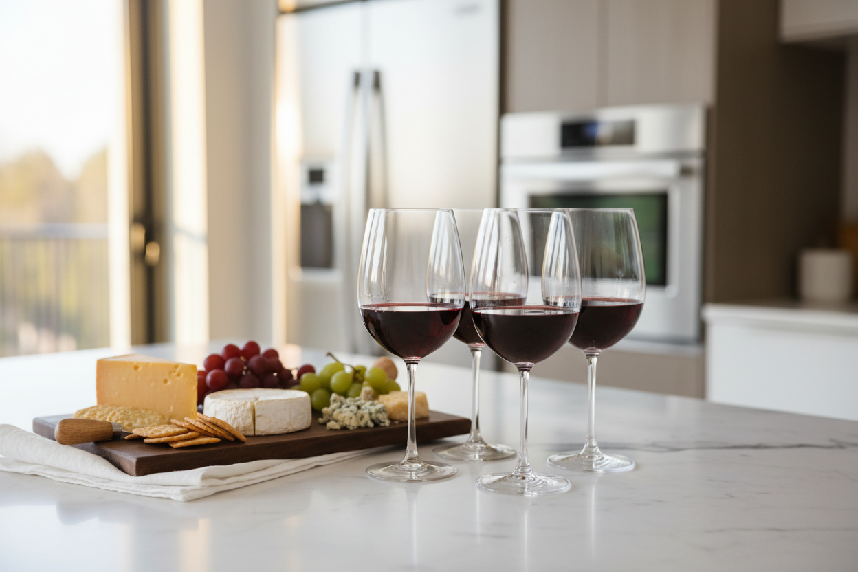 Stemless Red Wine Glass Set on marble kitchen island