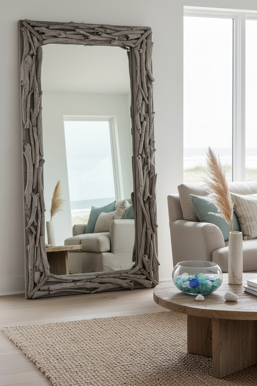 Coastal Driftwood Full Length Floor Mirror in beach house