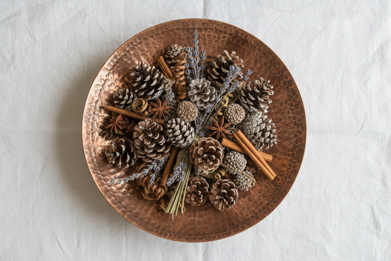 Hammered Copper Centerpiece Bowl top view with botanicals