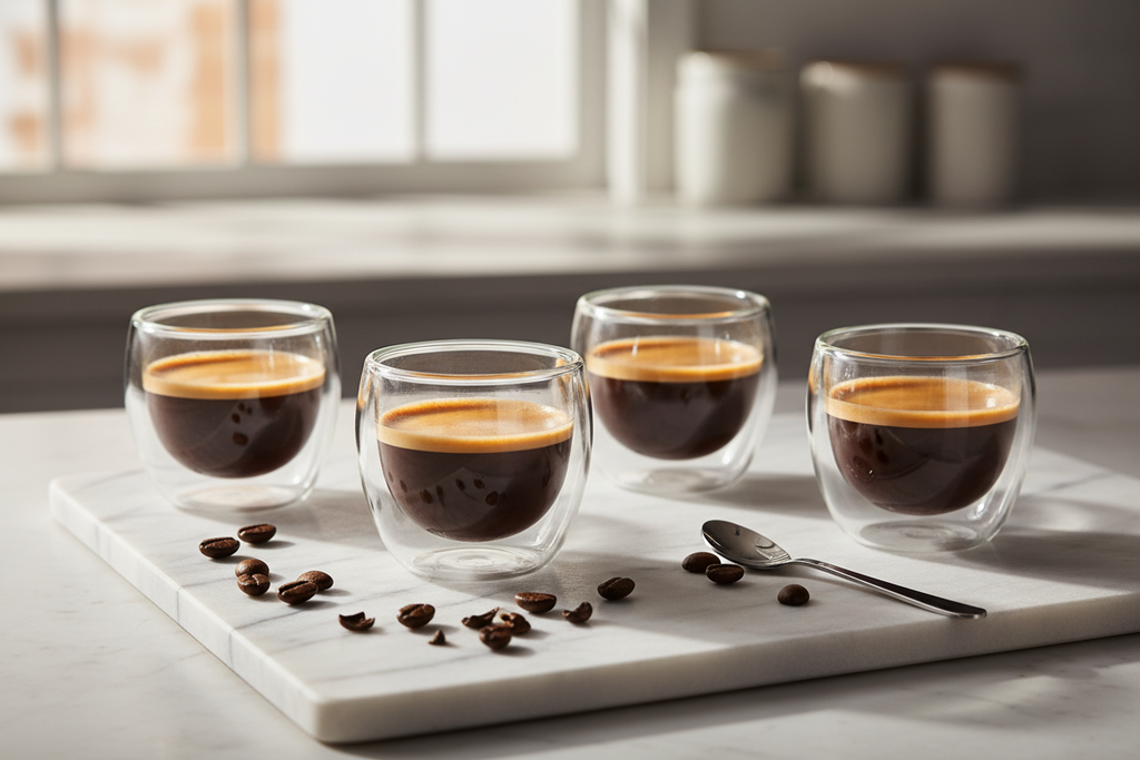 Double Wall Glass Espresso Cup Set on marble surface