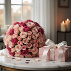 48 pink roses on marble table lifestyle