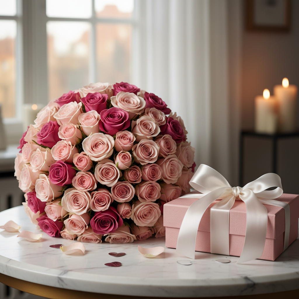 48 pink roses on marble table lifestyle
