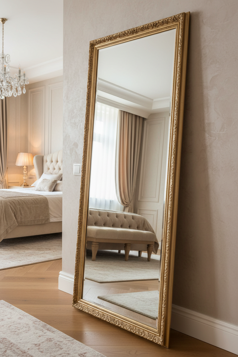 Glamour Gold Ornate Full Length Floor Mirror - bedroom lifestyle