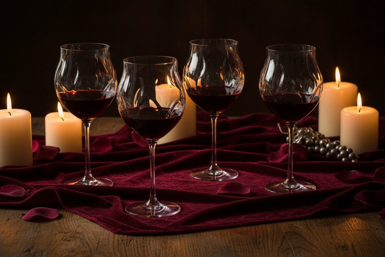 Hand-Blown Bohemian Crystal Wine Glass Set on velvet table