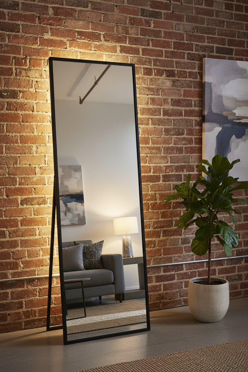 Modern Black Aluminum Full Length Floor Mirror in loft