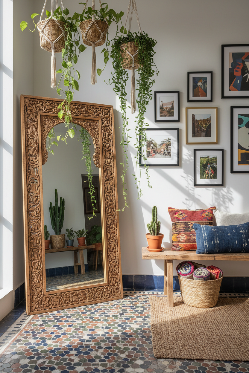 Moroccan Arabesque Carved Wood Full Length Floor Mirror - eclectic entryway