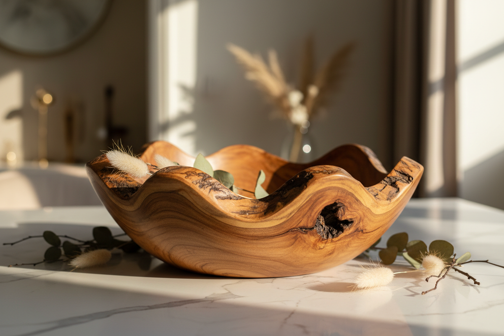 Organic Edge Live Wood Decorative Bowl on marble surface