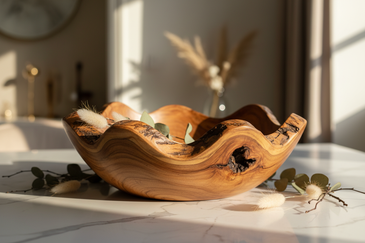 Organic Edge Live Wood Decorative Bowl on marble surface