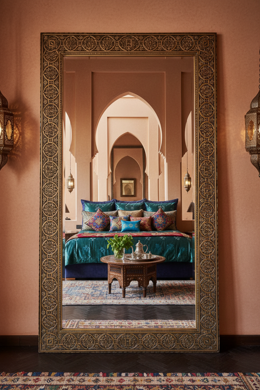 Moroccan Arabesque Carved Wood Full Length Floor Mirror - luxury riad bedroom