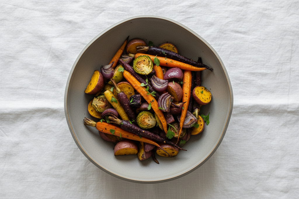 Nordic Matte Stoneware Serving Bowl top view with vegetables