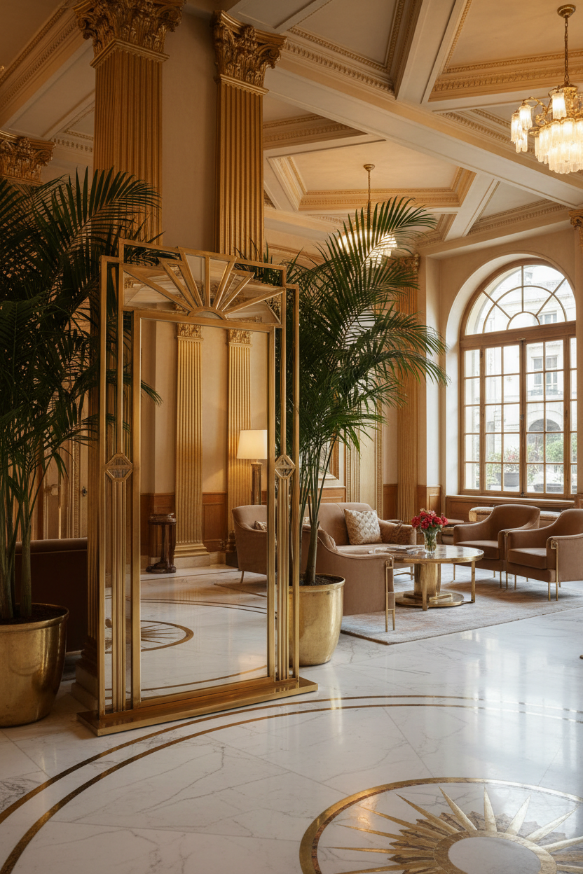 Art Deco Sunburst Gold Full Length Floor Mirror - luxury hotel lobby