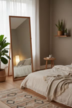Slim Oak Natural Wood Full Length Floor Mirror in Japandi bedroom