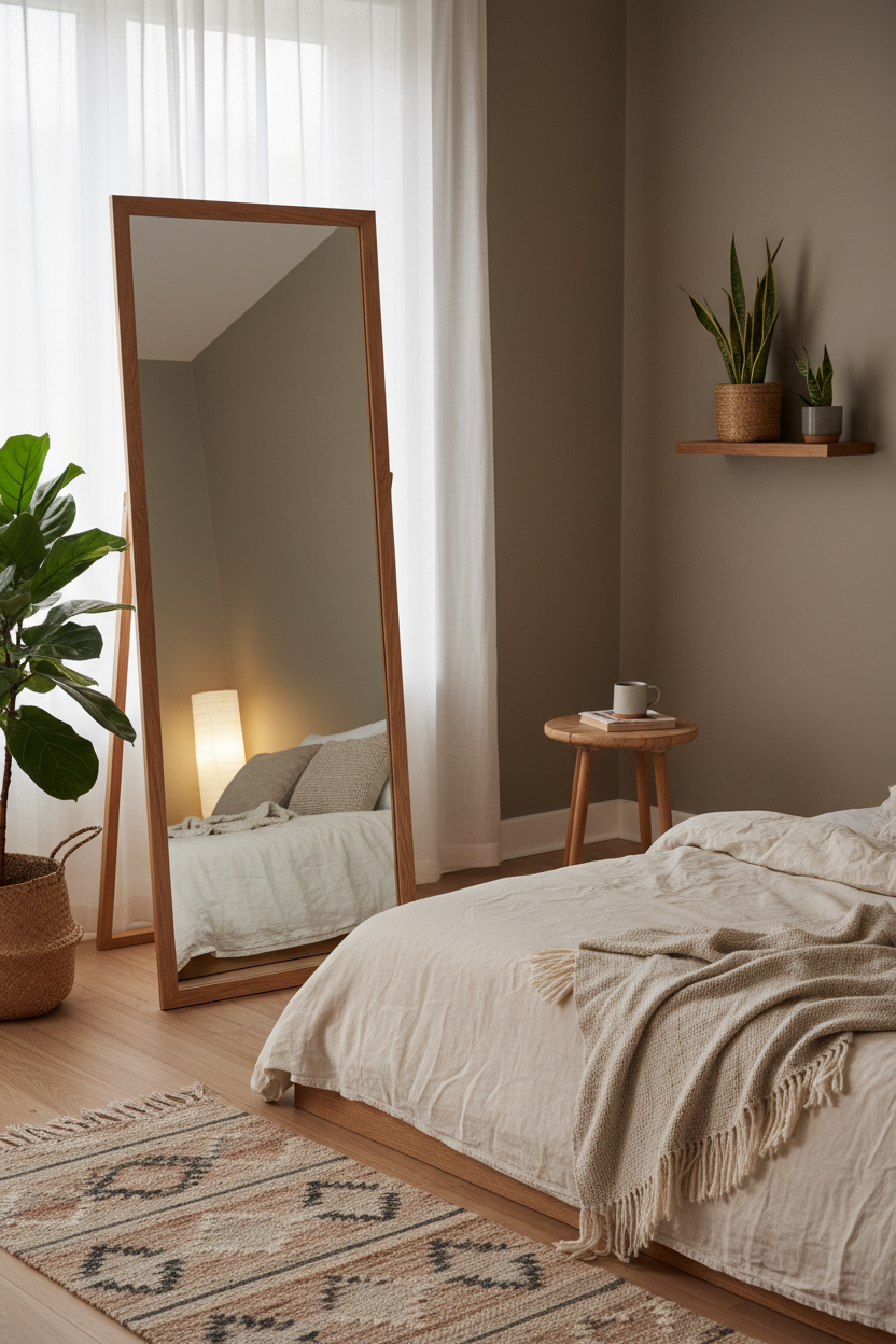 Slim Oak Natural Wood Full Length Floor Mirror in Japandi bedroom