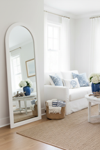 Arch Top White Wood Full Length Floor Mirror in Hamptons living room