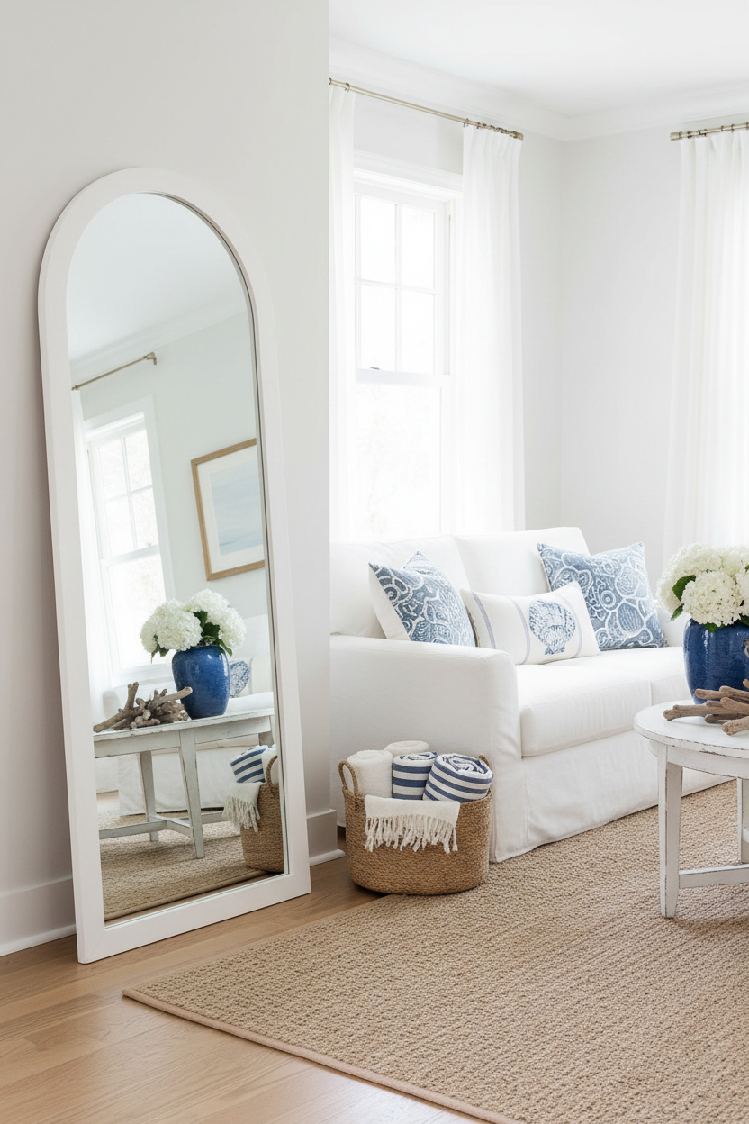Arch Top White Wood Full Length Floor Mirror in Hamptons living room