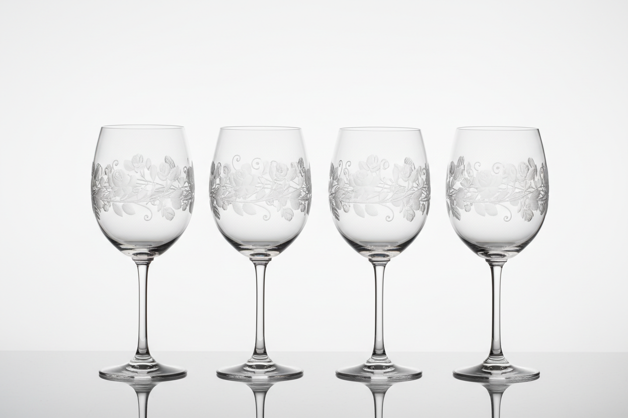 Etched Floral Crystal Wine Glass Set studio