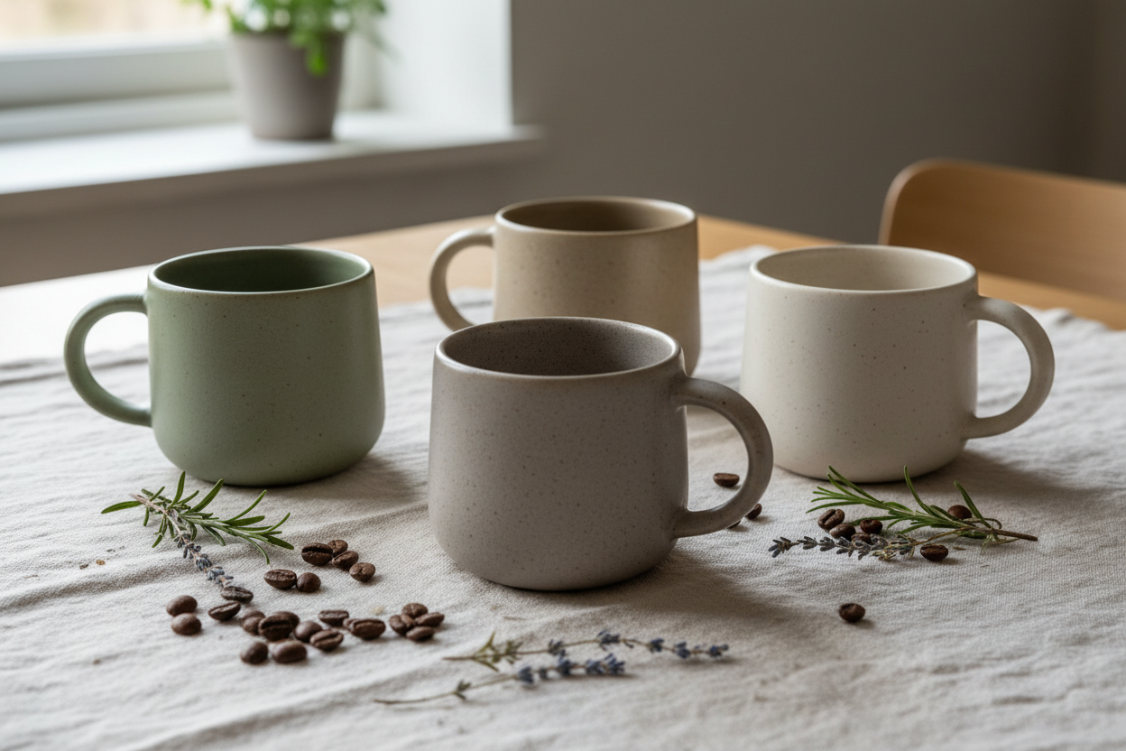Nordic Stoneware Coffee Mug Set on linen cloth