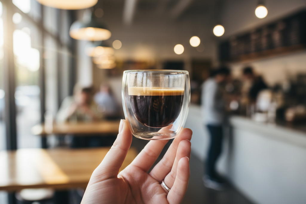 Double Wall Glass Espresso Cup in cafe setting