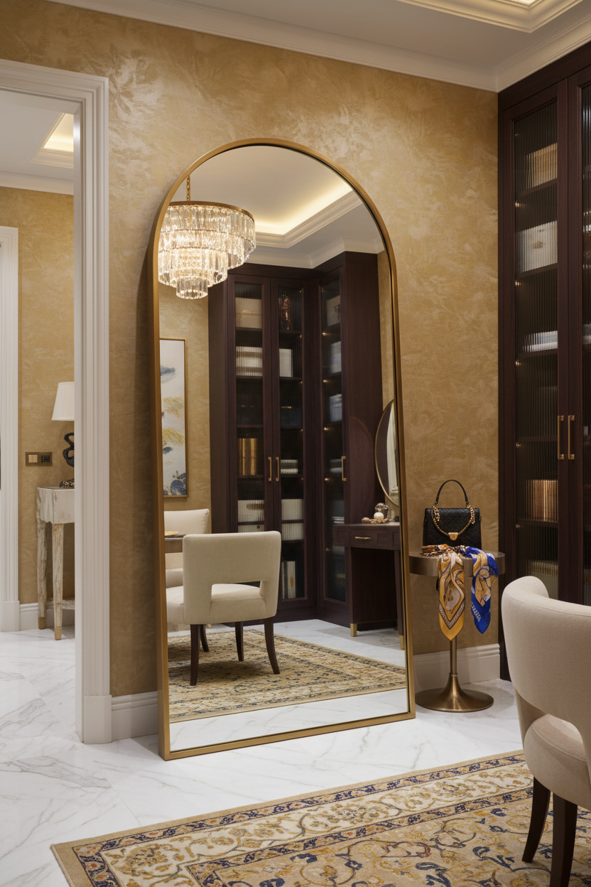 Arched Brass Metal Frame Full Length Floor Mirror in dressing room