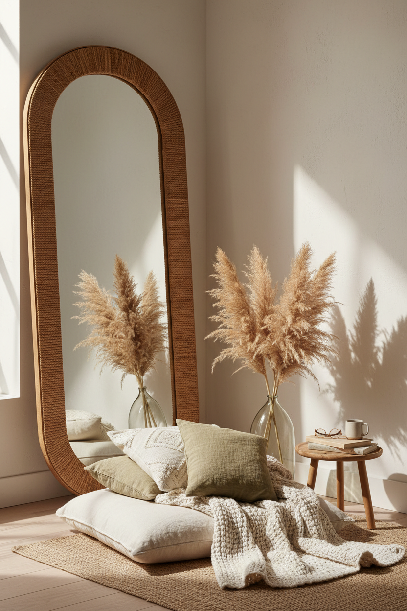 Boho Rattan Woven Full Length Floor Mirror - cozy reading nook