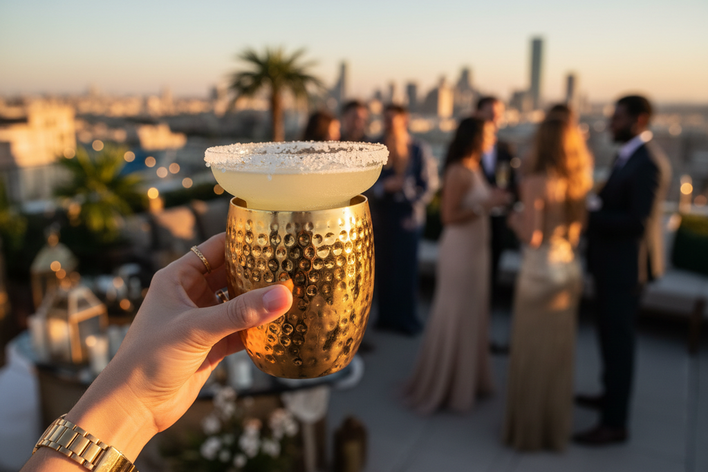 Hammered Gold Cocktail Glass at rooftop party