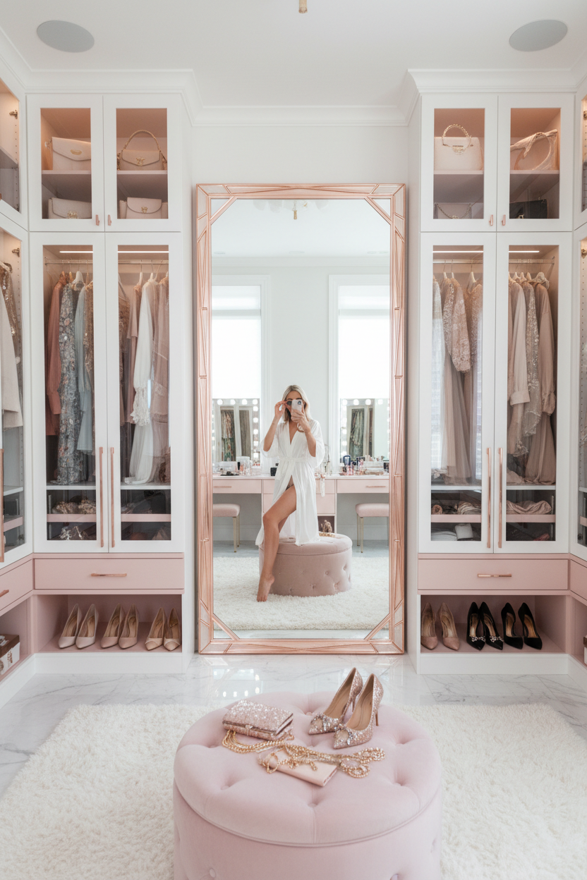 Champagne Rose Gold Slim Frame Full Length Floor Mirror - glam walk-in closet