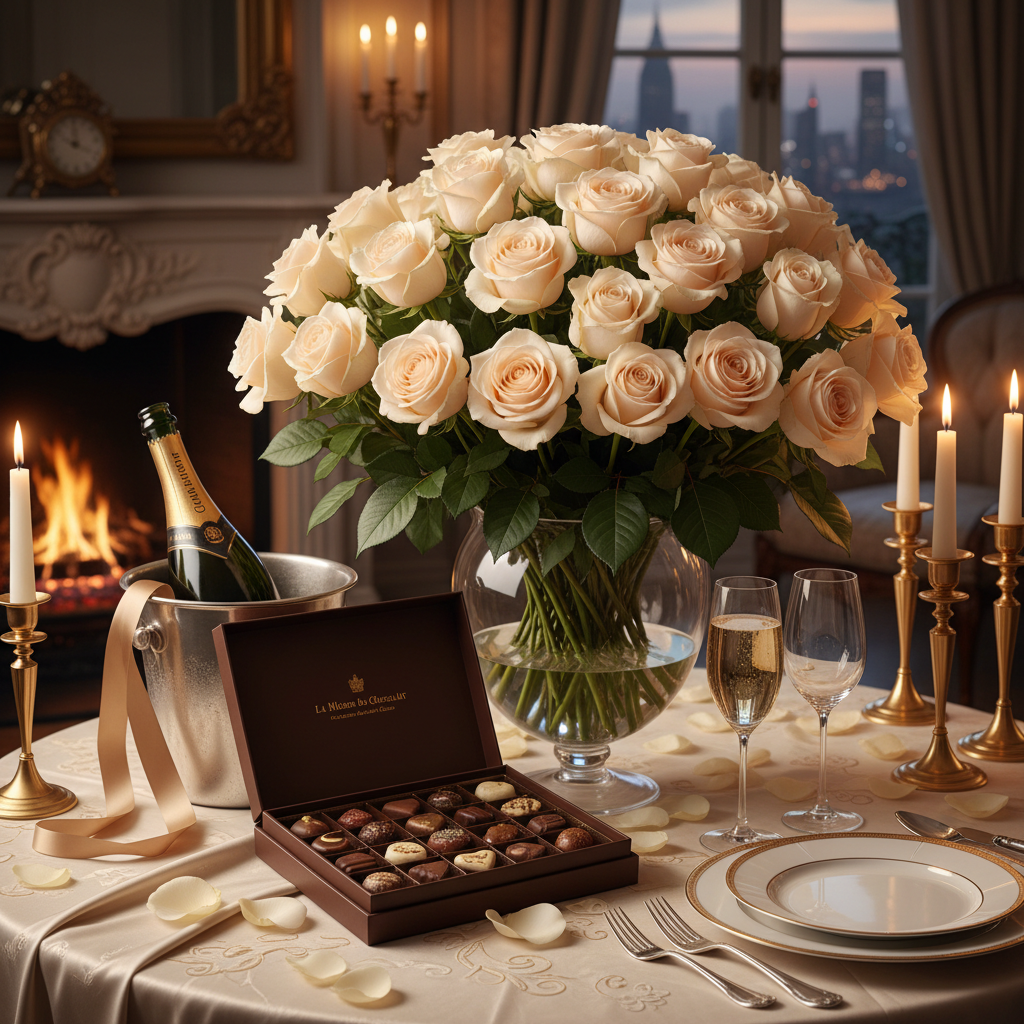60 champagne roses luxury gift set