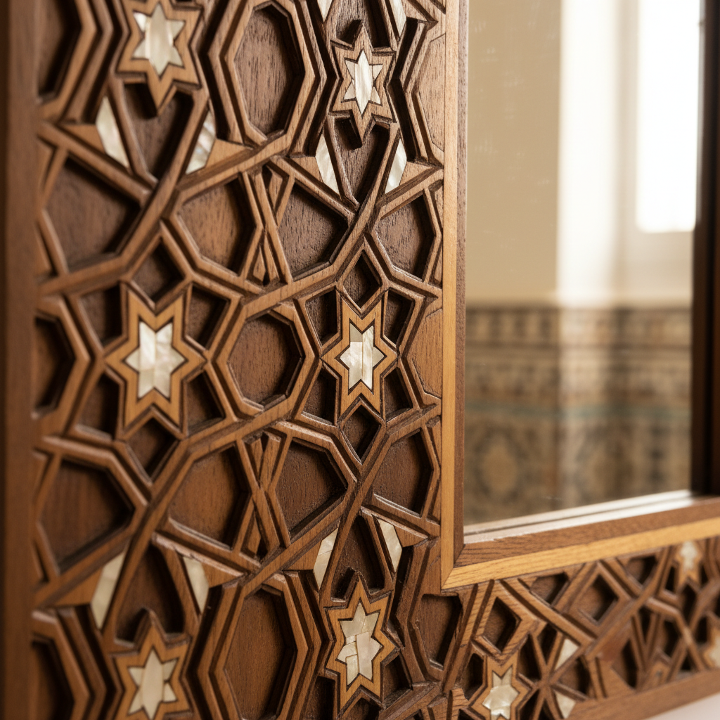 Moroccan Arabesque Carved Wood Full Length Floor Mirror - arabesque carving detail