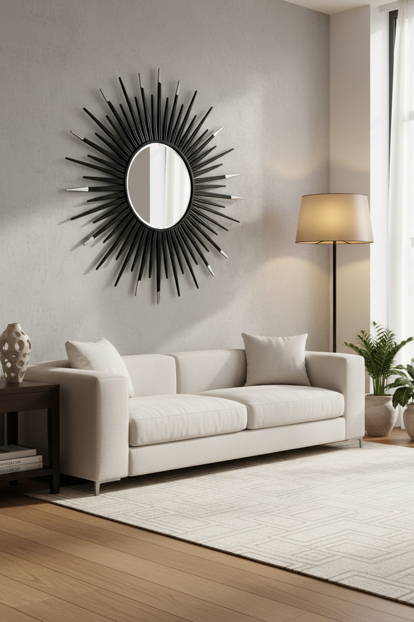 Venetian Sunburst Wall Mirror black in living room