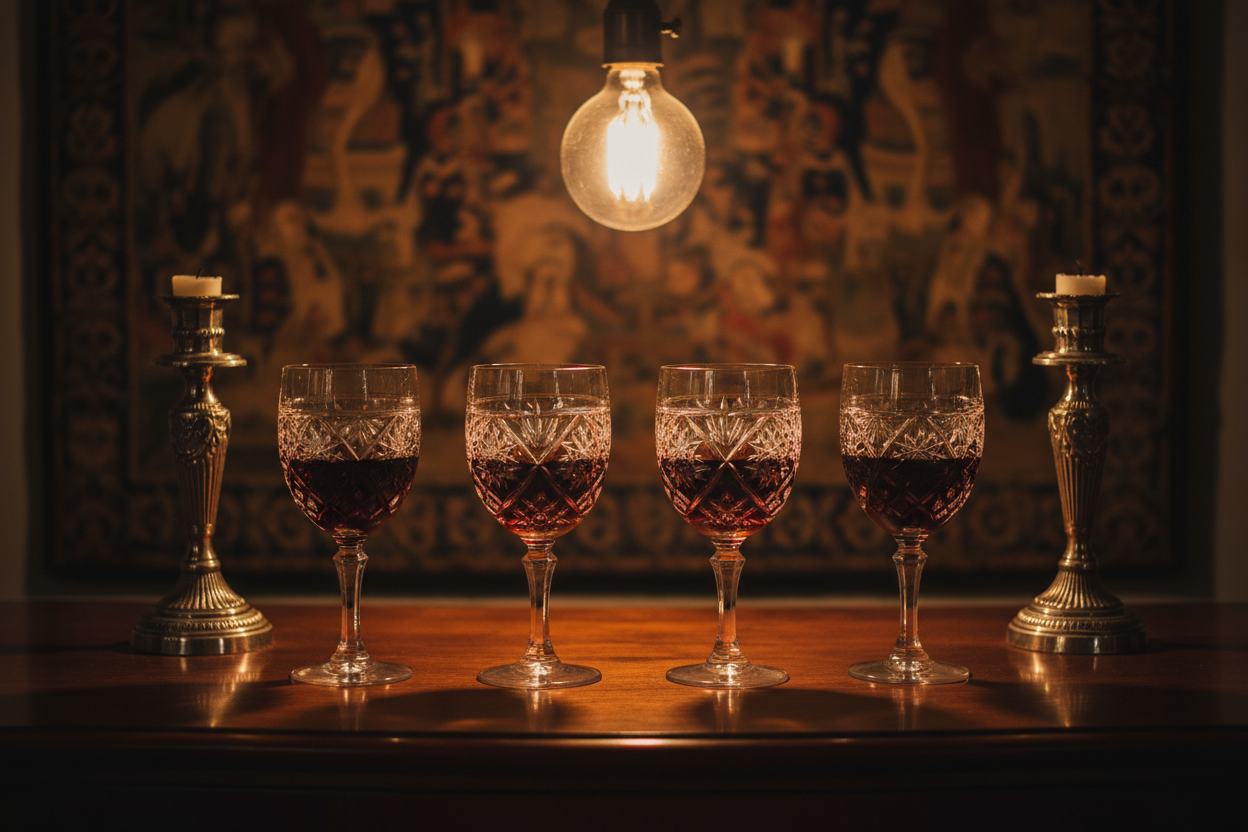 Vintage Cut Crystal Wine Glass Set on mahogany sideboard
