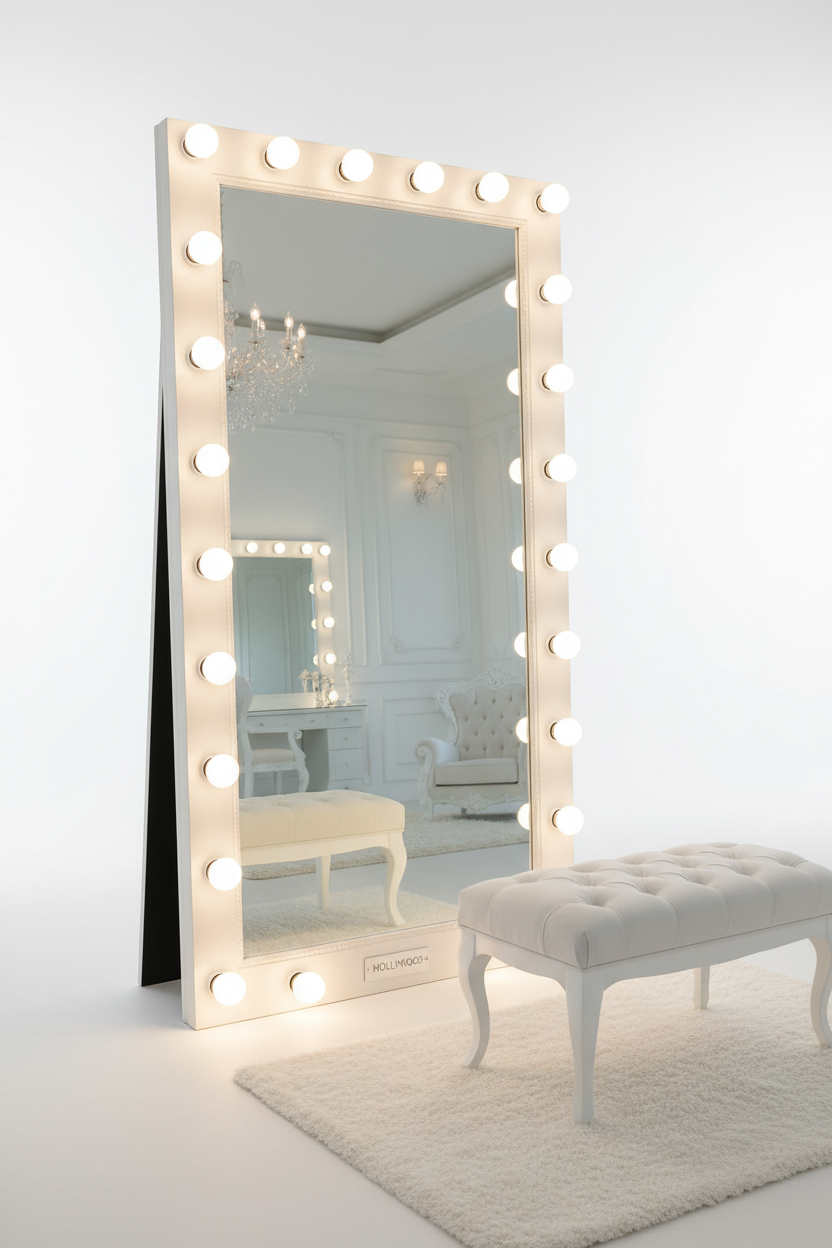 Hollywood LED Bulb Full Length Vanity Floor Mirror - white background product shot