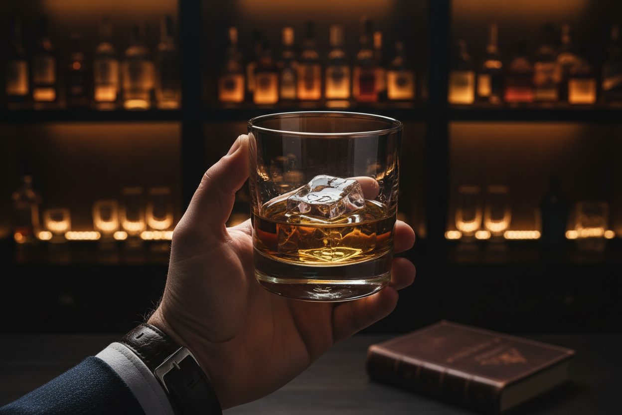Smoked Glass Whiskey Tumbler in home bar setting