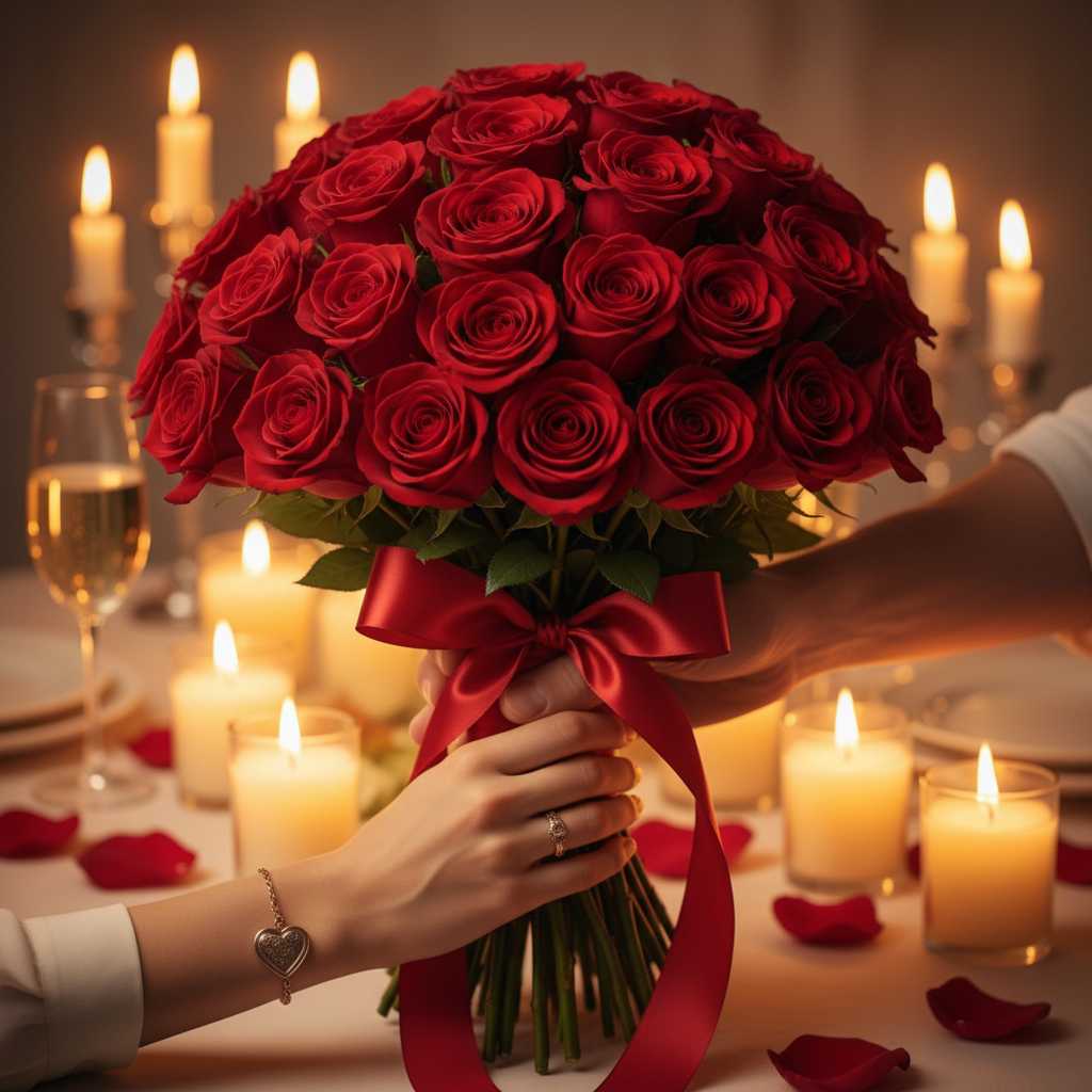 24 red roses romantic gift scene