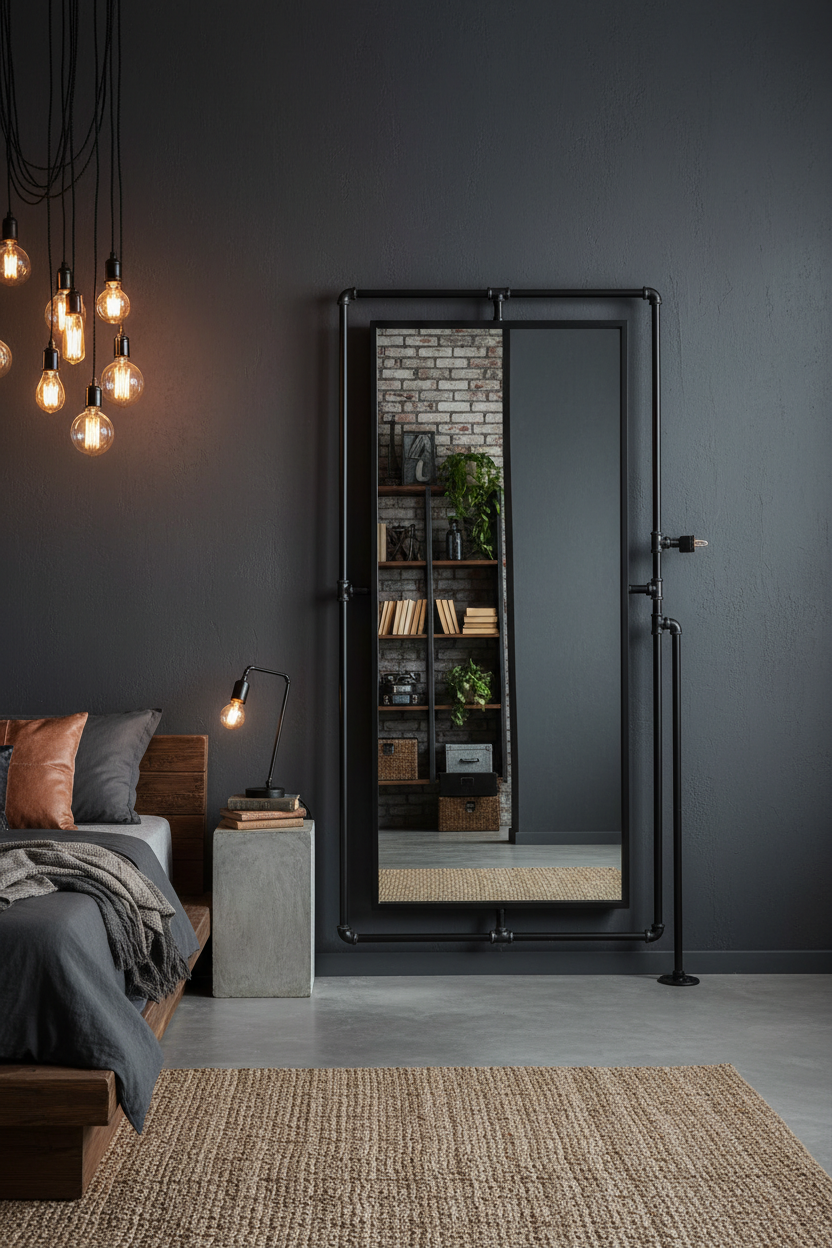 Industrial Iron Pipe Frame Full Length Floor Mirror - dark industrial bedroom