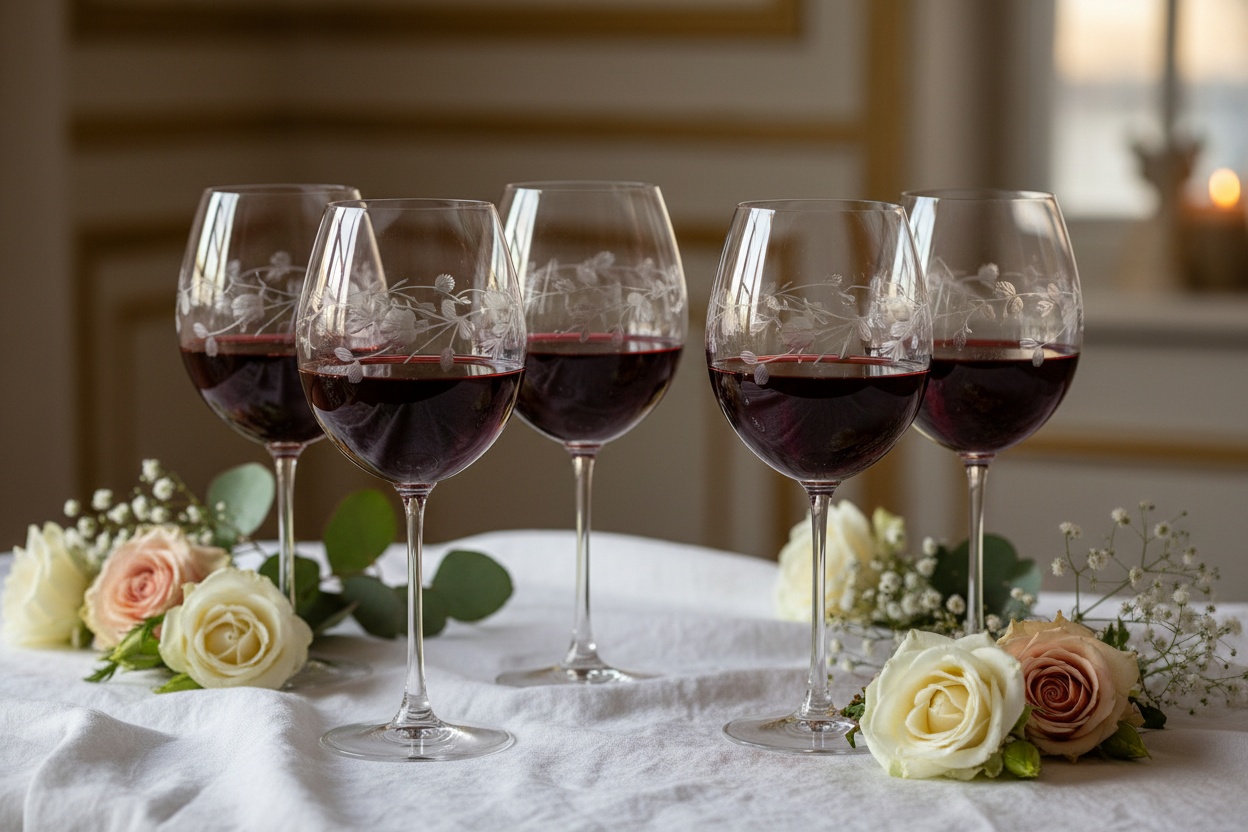 Etched Floral Crystal Wine Glass Set on linen tablecloth