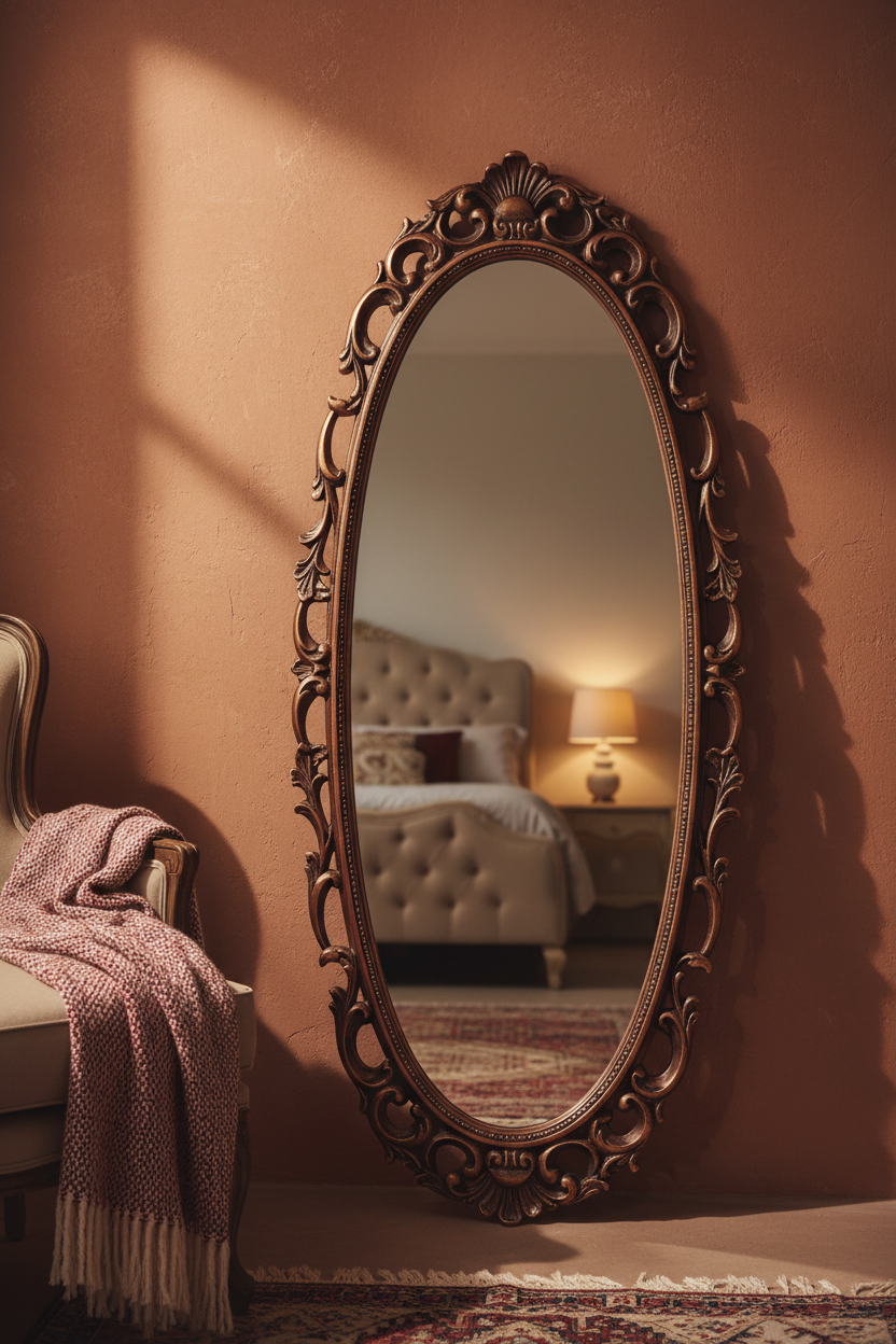 Antique Bronze Oval Full Length Floor Mirror