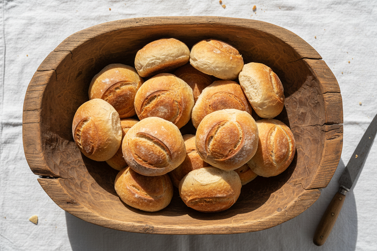 Rustic Wooden Dough Bowl with bread rolls
