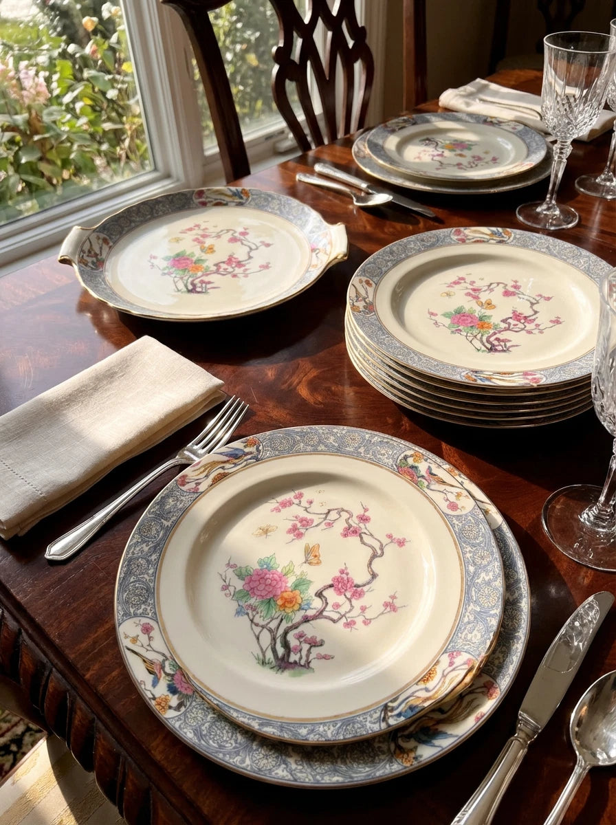 Happiness Ming Floral 19-Piece China Dinnerware Set – Dinner Salad Plates & Dessert Server