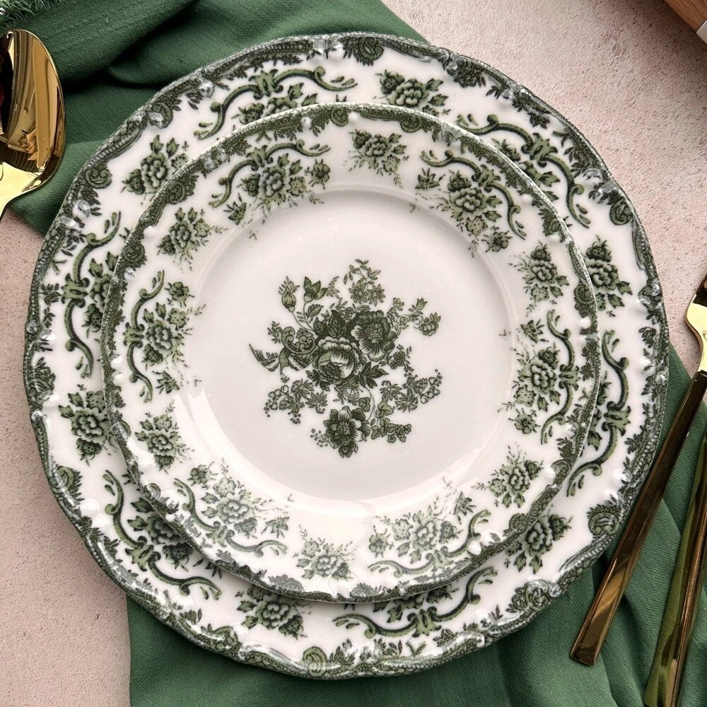 Happiness Antique Green 24-Piece Premium Porcelain Dinnerware Set – 6 Person Lux