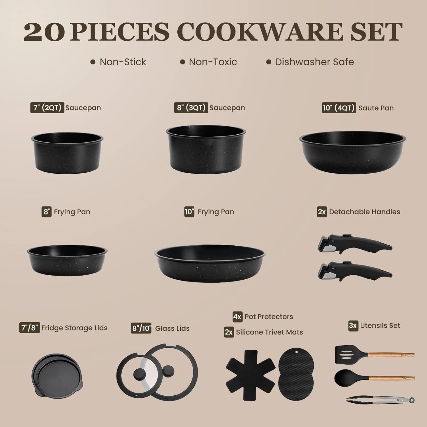 Happiness Nonstick Pots & Pans Set – Detachable Handle, Non-Toxic