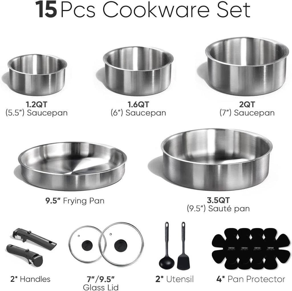 Happiness 15-Piece Induction Cookware Set – Stainless Steel with Removable Handles