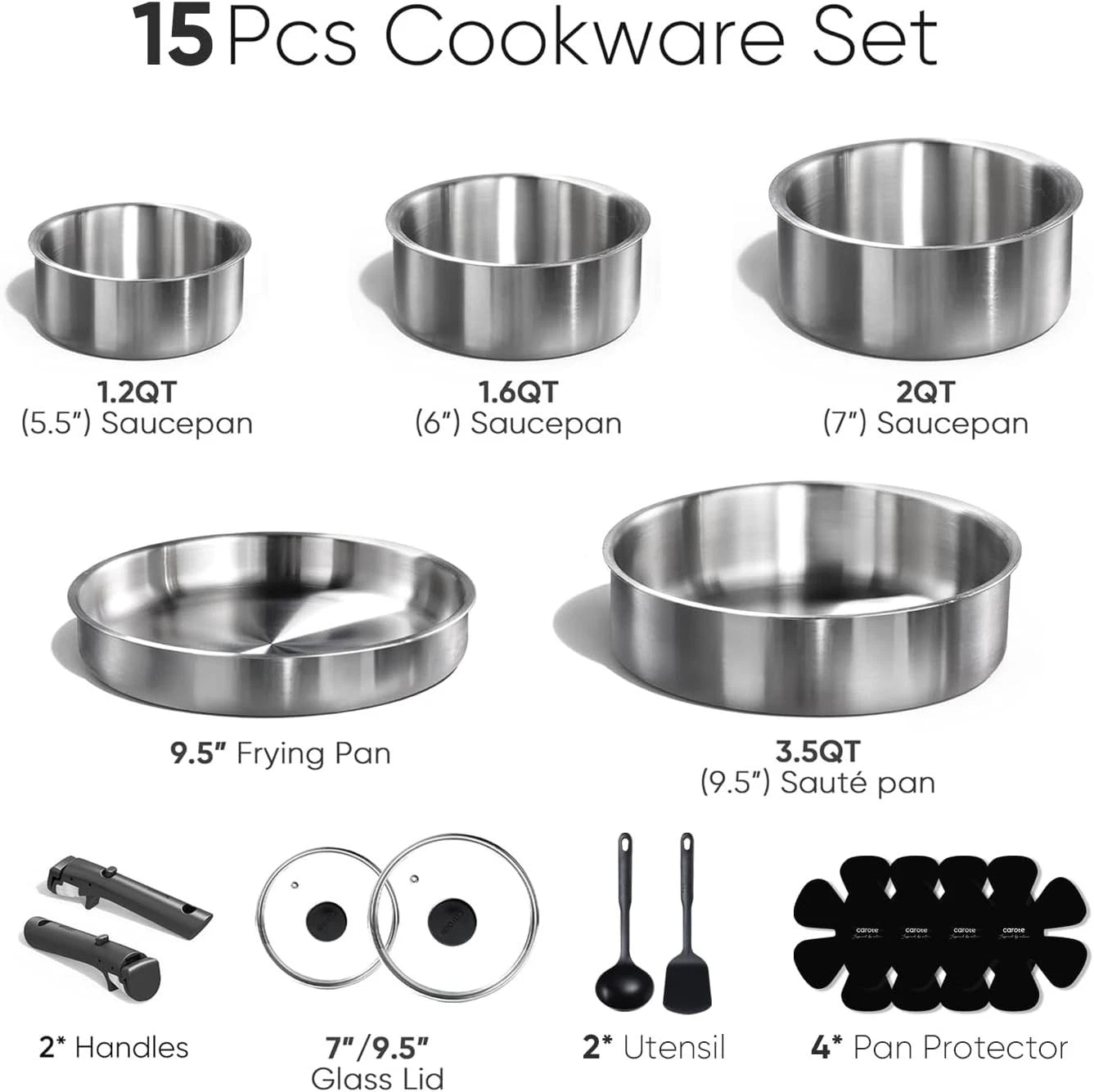 Happiness 15-Piece Induction Cookware Set – Stainless Steel with Removable Handles