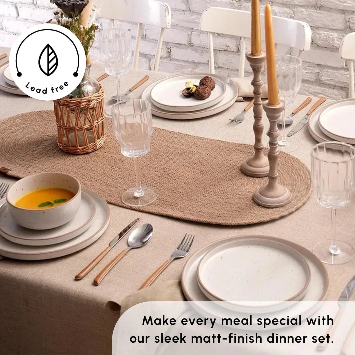Happiness 18-Piece Stoneware Dinnerware Set for 6 – Modern Beige Plates & Bowls