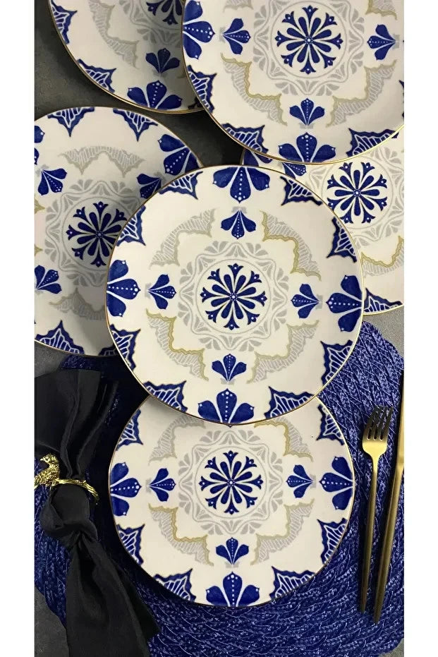 Happiness Bluer 6-Piece Dessert Plate Set – 21cm Floral Pattern Matte Finish