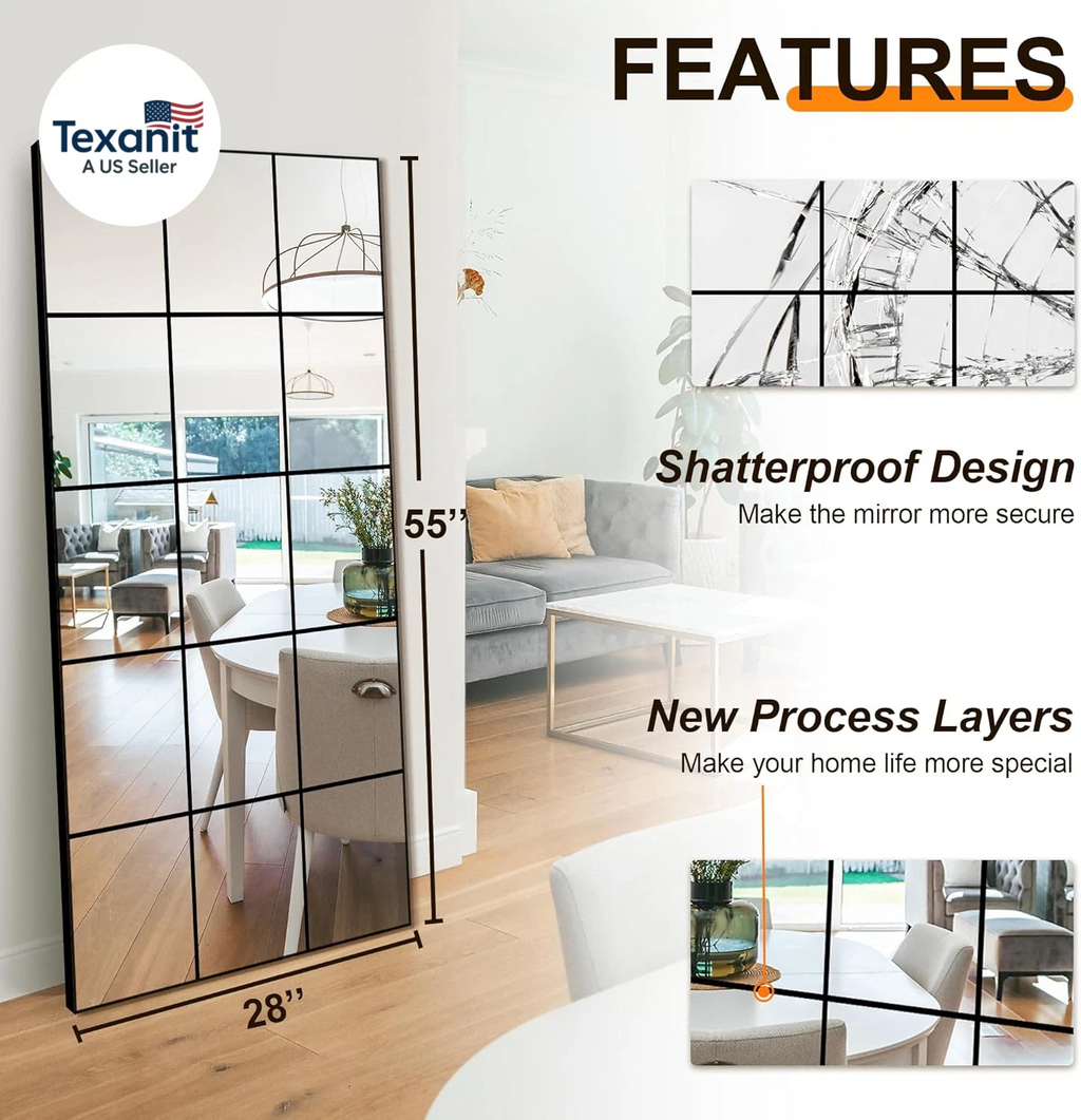 Happiness Window Pane Decorative Mirror – 28"x55" Black Metal Frame