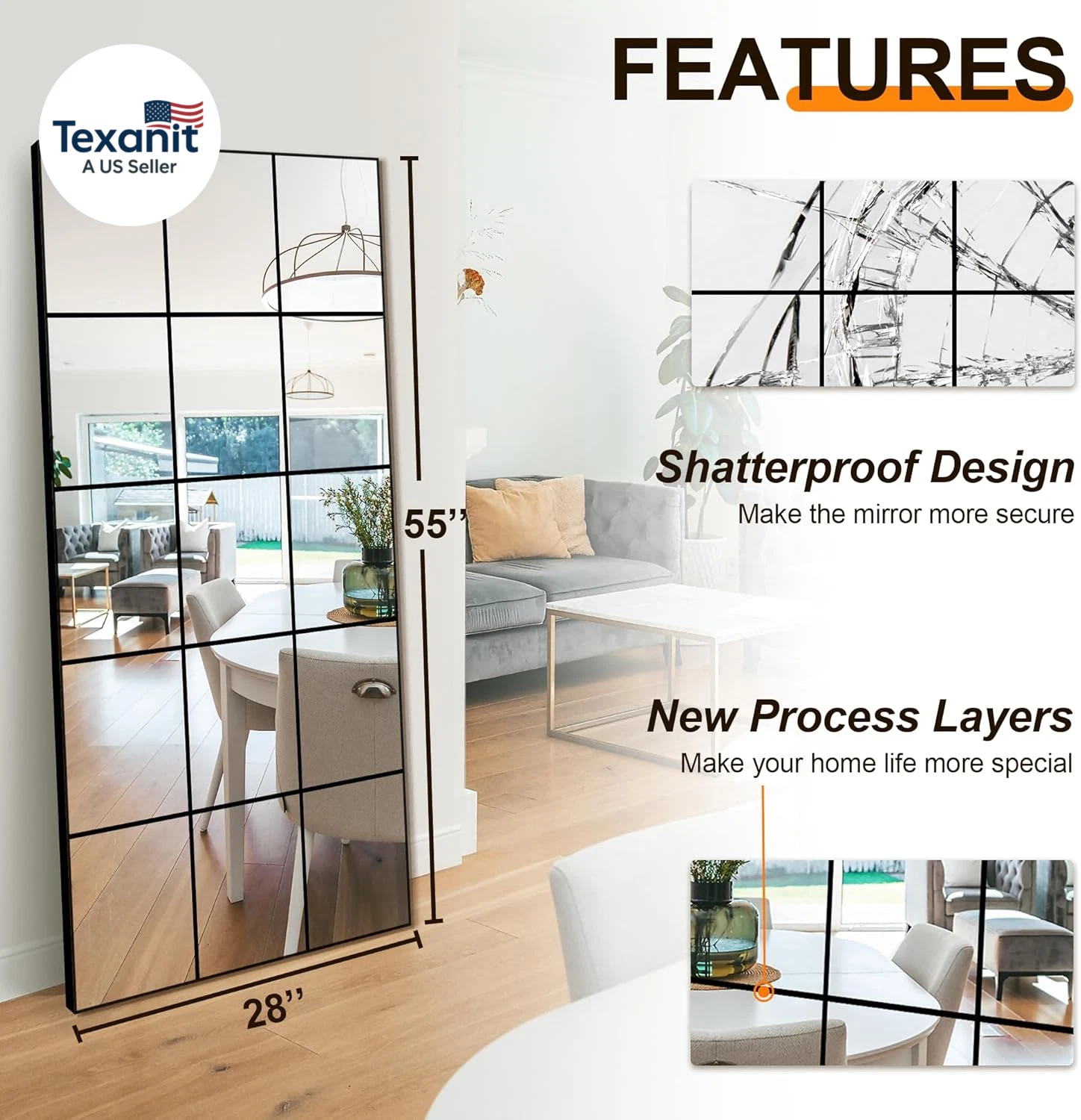 Happiness Window Pane Decorative Mirror – 28"x55" Black Metal Frame