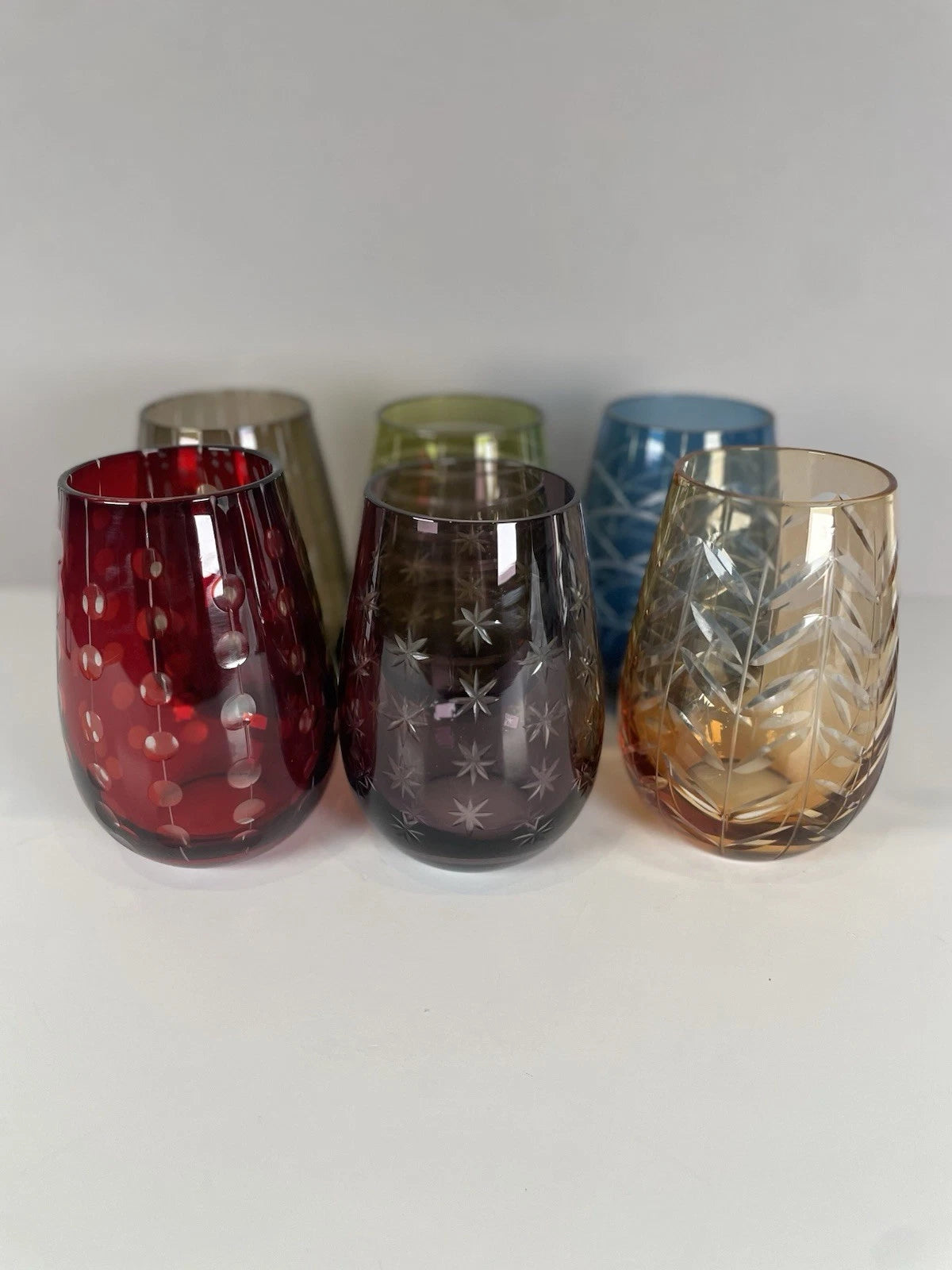 Happiness Bella Festiva Colored Cut Glass Stemless Glasses – Set of 6