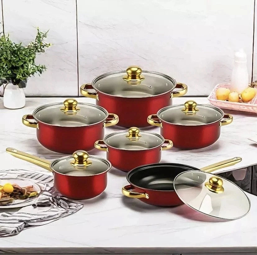 Happiness 12-Piece Red Nonstick Cookware Set – Pots and Pans