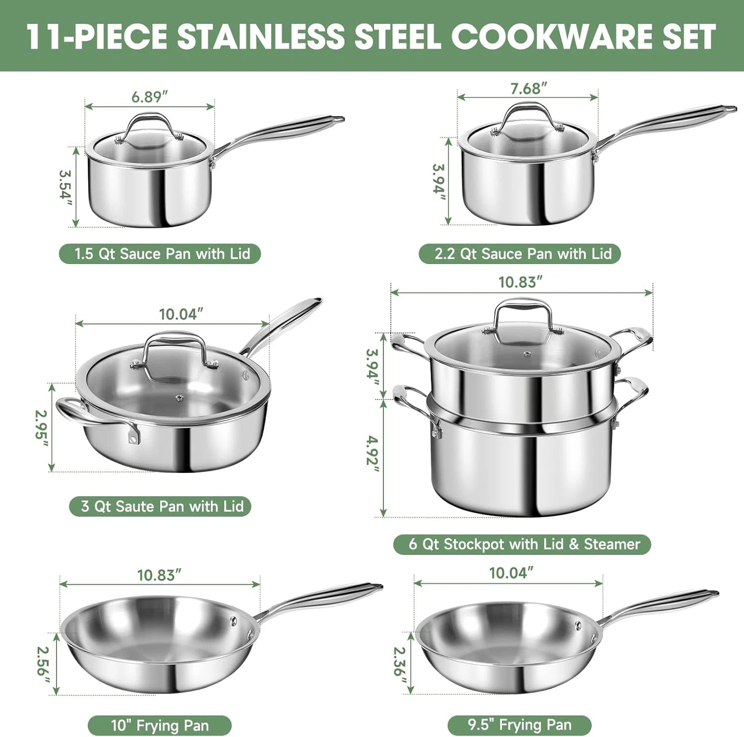 Happiness 3-Ply Stainless Steel Cookware Set with Lids – Non-Toxic